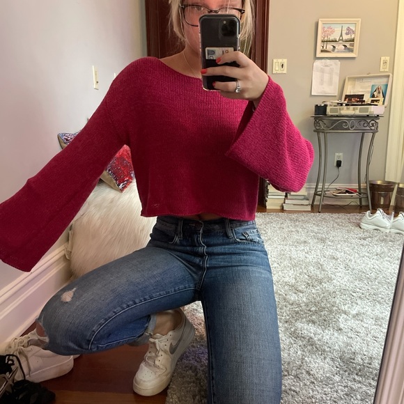 MinkPink Flared Sleeve Cropped Pink Sweater - Picture 2 of 2